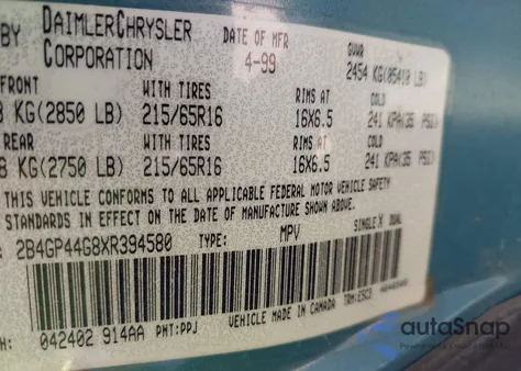 1999 Dodge Grand Caravan Se from USA, damaged, VIN 2B4GP44G8XR394580